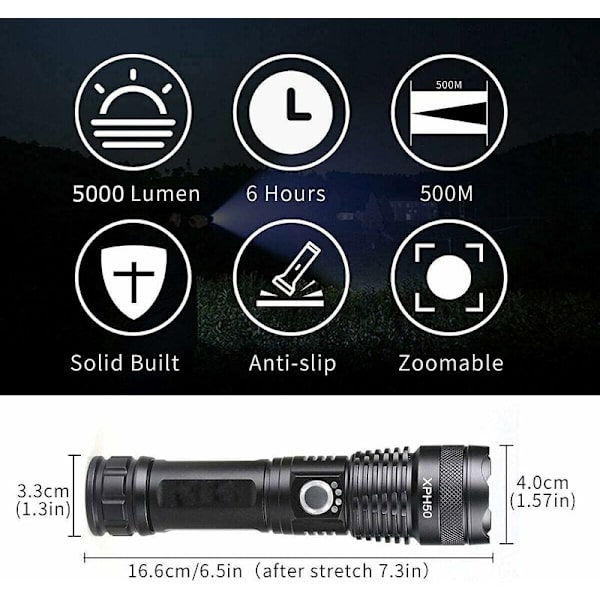 Laddningsbar LED-ficklampa XHP50.2, 5000 Lumen Hög Ljusstyrka Handhållen Ficklampa Taktisk Super Ljus Ficklampor 5 Lägen Vattentät Zoombar Ström D