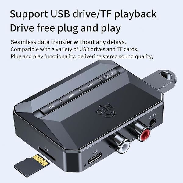 NFC Bluetooth-mottaker, Bluetooth 5.3 Aux-adapter for bil, trådløs lydmottaker for hjemmestereo/