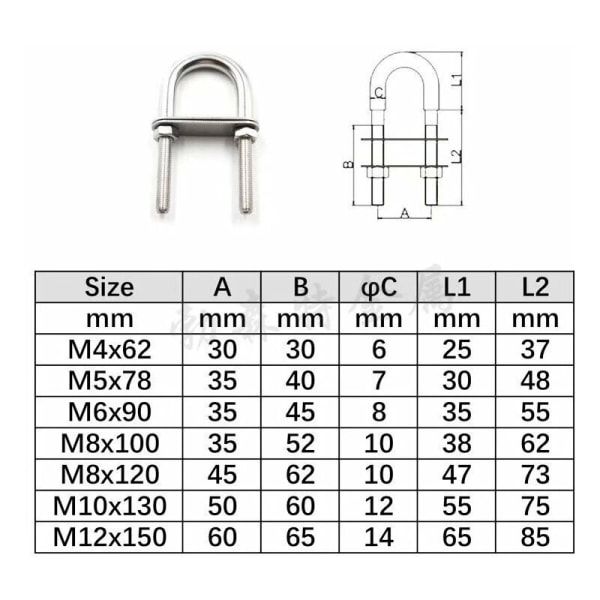 Square U-Bolts Stainless Steel U Bolts 2021 New Production High-Strength Hardware U Bolts Accessorie (2 pieces) M4  62-DENUOTOP