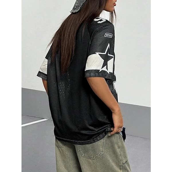 Grafisk fodboldtrøje til kvinder V-hals Kortærmet Løs T-shirt Streetwear - Sort - Størrelse M