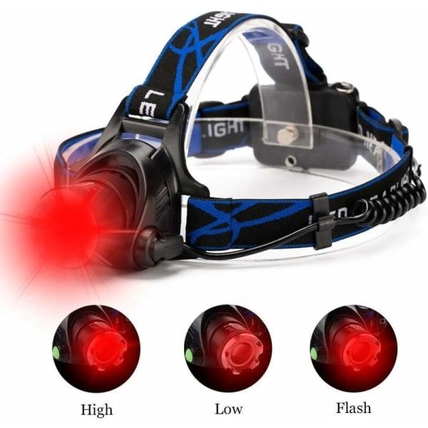 LED rødt lys hodelykt, zoombar oppladbar LED hodelykt for jakt, luftfart, nattobservasjon, løping, batterier inkludert