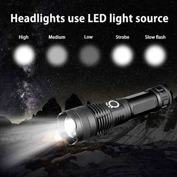 Laddningsbar LED-ficklampa XHP50.2, 5000 Lumen Hög Ljusstyrka Handhållen Ficklampa Taktisk Super Ljus Ficklampor 5 Lägen Vattentät Zoombar Ström D