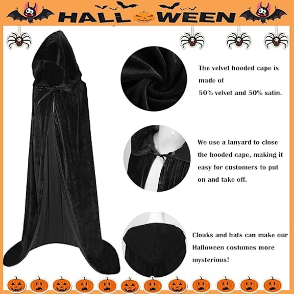 Unisex Vuxen Huvförsedd Kappa Halloween Kappa Lång Sammetskappa Cosplay Kostym Svart