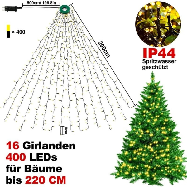 400 LED julgransbelysning, 2M hög 16-slingad julgransljus, 90cm 120cm 150cm 200cm Trädlindningsljus, Fest, Jul, Ev