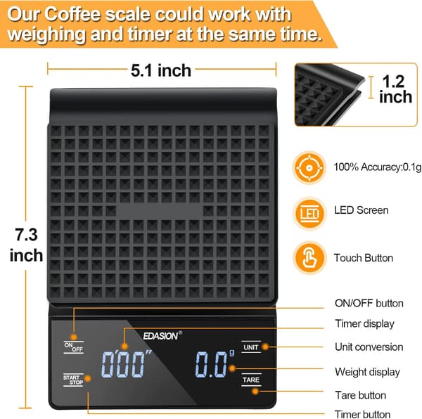 Digital Kaffevåg - 0,1g/3kg Precision, Timer, Vattentät, Stor LED-display (Svart)
