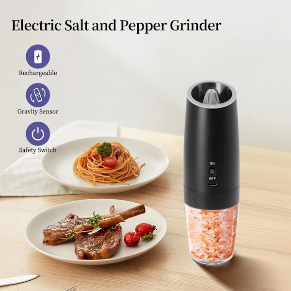Automatisk tyngdekraft salt- og peberkværn - Genopladelig, justerbar grovhed, enhåndsbetjening (Sort)