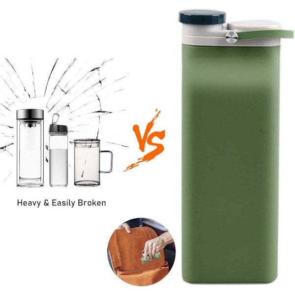 Hopfällbar Vattenflaska, BPA-fri - 590 ml Hopfällbar Vattenflaska för Resor, Sportvattenflaska, Trippel Läcksäker Lättvikt (Grön)