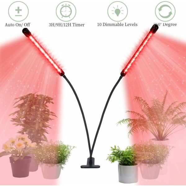 Plant Lamp LED 8W Plant Light Plant Lamp 2 Heads 40 LED Grow Light Full Spectrum Growth Lamp for Indoor Plants with Timer (Black-2 Heads)