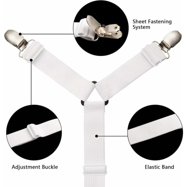 Justerbar lakanhållare med remmar, lakanfixering för alla sängar och madrasser, vit