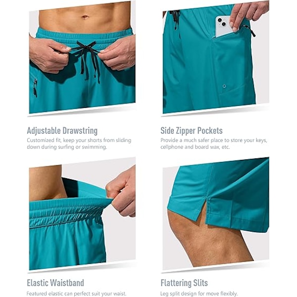 Snabbtorkande badshorts för män med ficka med dragkedja, badshorts för män - Utan meshfoder - XL - Sjögrön