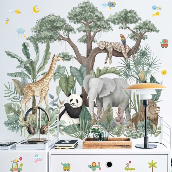 Tecknad tropisk regnskogsdjur Väggdekor, avtagbara gröna växter Lion Giraffe Elephant Decals, DIY Väggdekorationer för Th