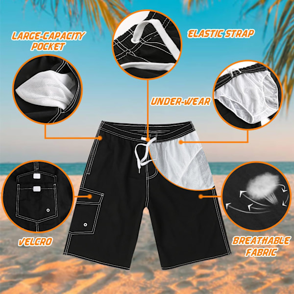 Badbyxor för män, snabbtorkande badshorts med meshfoder, roliga badkläder - XL - Svart