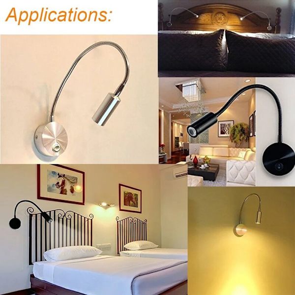 3W Plug-in Flexibel Svanhals Vägglampa Läslampa Konstverk Display Accent Ljus Väggmonterad Spotlampa Armatur med På/Av-brytare (Svart)