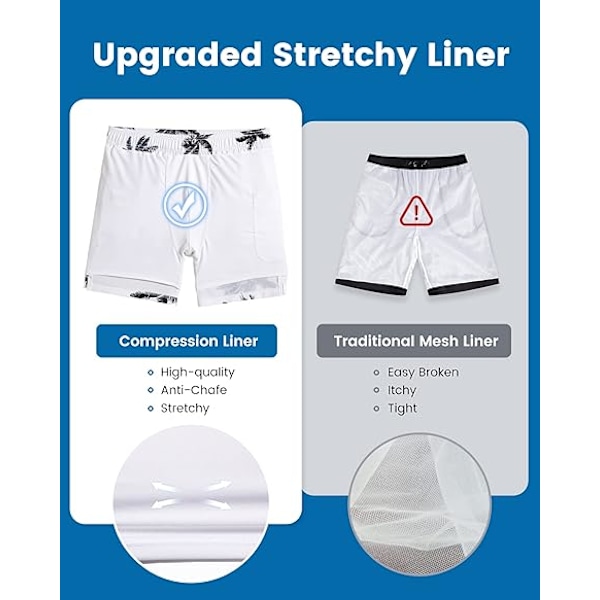 2 i 1 Badbyxor för Män 7 Tum Badbyxor Badkläder Set Strandshorts - Storlek L - Palm White