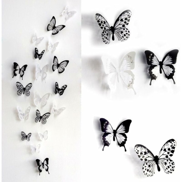 18 3D-fjärilar Väggdekaler Väggdekal DIY Butterfly Stickers Avtagbara Återanvändbara för Sovrum Vardagsrum (svart) HIASDFLS