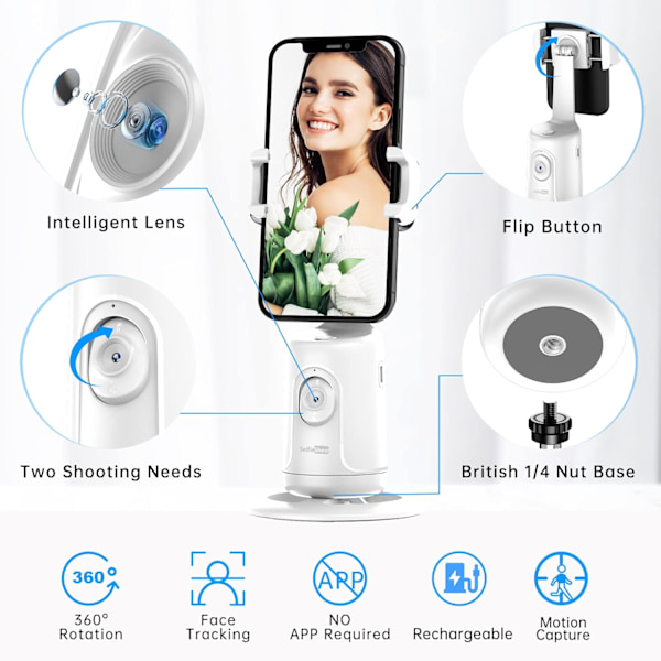 Automatisk Spårning Telefonhållare, Automatisk Ansiktsspårning Stativ, Portabel Allt-i-ett Smart Selfie Stick 360 Rotation Snabb Ansikts- & Objektspårning Kameraman Robo
