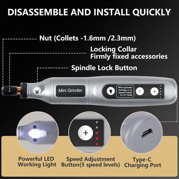 USB Trådløst Rotationsværktøj - 5 Hastigheder m/ Lys & 24 Bits - Til Boring/Slibning/Gravering