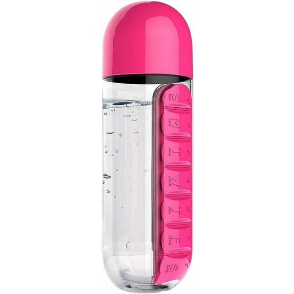 2 in 1 kannettava vesipullo, 7 päivän pillerirasia matka- ja lääkityskäyttöön 600 ml, vaaleanpunainen