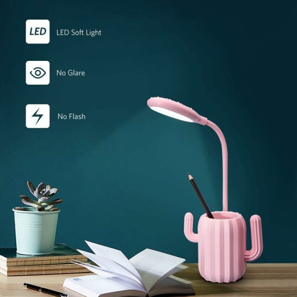 Barne skrivebordslampe, dimbar LED-skrivebordslampe nattbordslampe oppladbar skrivebordslampe trådløs penneholder - Rosa-Fei Yu