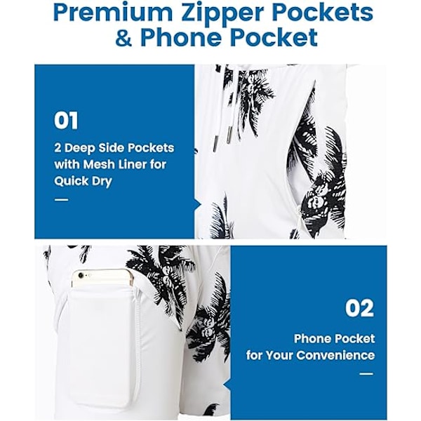 2 i 1 Badbyxor för Män 7 Tum Badbyxor Badkläder Set Strandshorts - Storlek L - Palm White