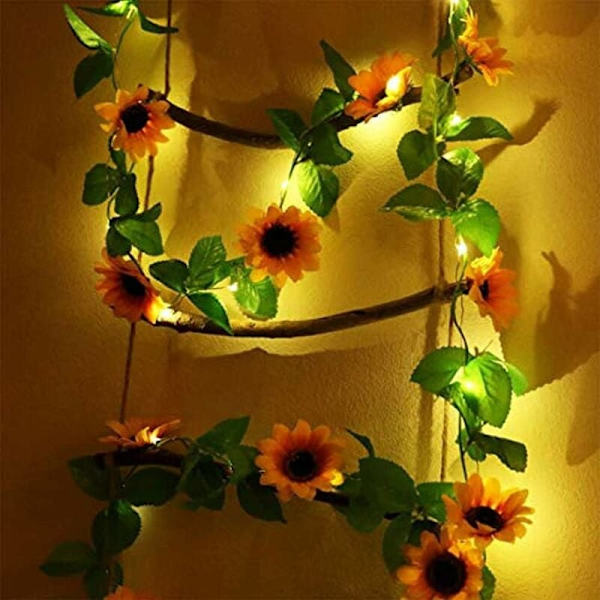 Stränglampor LED Konstgjorda Växter Grön Murgröna Blad Ranka för Heminredning Bröllop Lampa DIY Hängande Trädgård Gräsmatta Belysning, 2M 20 LED (1 St Solros