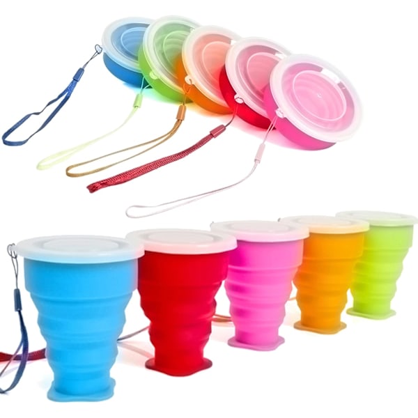 Silikon Hopfällbar Mugg med Lock - Portabel Vikbar Mugg för Resor, Camping, Vandring | Läcksäker & Återanvändbar (5-pack)