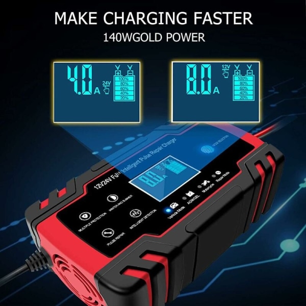 12V/24V 8A intelligent batterilader, batterilader vedlikehold og automatisk reparasjon bærbar funksjon med LCD-skjerm, for bil motorsykkel