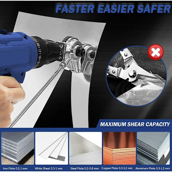 Plateklipp for elektrisk drill, dobbelthode plateklipp for kutting av jern, stål, kobber, aluminium (egnet for 12V/21V litium elektrisk drill)
