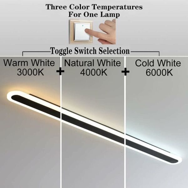 15W innendørs vegglampe, 40CM lang LED-lampe, 3 fargetemperaturer RA≥85 Design vegglampe, svart stor vegglampe for soverom stue trapp gang