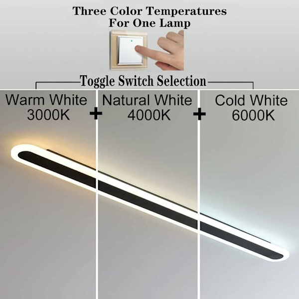 15W inomhusvägglampa, 40CM lång LED-lampa, 3 färgtemperaturer RA≥85 Design vägglampa, Svart stor vägglampa för sovrum vardagsrum St