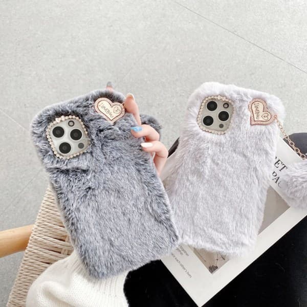 IC I Love You Hjerte Fluffy Etui for Lys Grå IPhone12