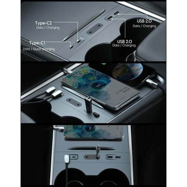 Multiport billaddare för Tesla Model 3/Y (2021-2023), Center Console USB Hub Dockningsstation 100% kompatibel med Tesla Model 3/Y, Tesla Acc