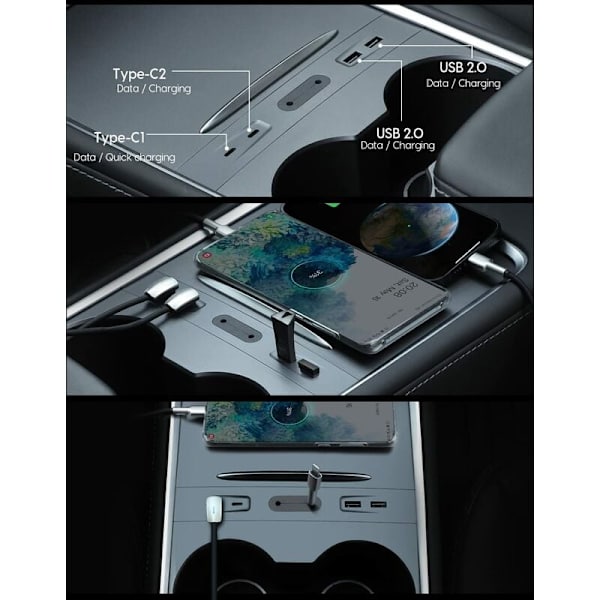 Multiport-biloplader til Tesla Model 3/Y (2021-2023), Center Console USB Hub Docking Station 100 % kompatibel med Tesla Model 3/Y, Tesla Acc