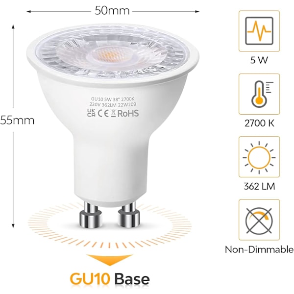 GU10 LED-lamput, lämmin valkoinen 2700K, 5W LED GU10 -kohdelamppu, 50W halogeenikohdevalo, 220-240V 362LM 38 asteen kapea valokeila energiaa säästävä ei-himmennettävä