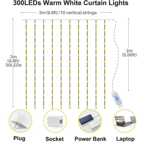 3x3m LED-gardinlys, 300 LED-er, 8 lysmoduser, fjernkontroll med timer, juledekorasjon, vindu, bryllup, hage,