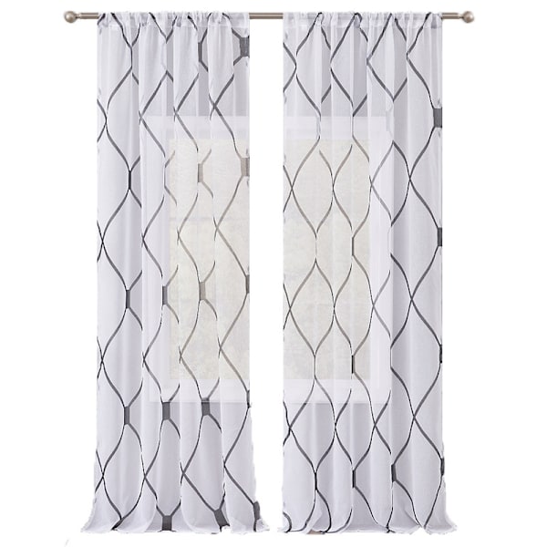 Broderte Rutete Hvite Tyllgardiner, Damaskteksturert Stanglomme Tyll Halvgardiner, Sett med 2, 140 cm B x 259 cm L, Grå