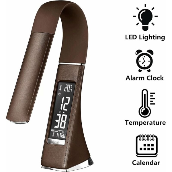 U2 5W LED-bordslampa, dimbar skärm, bordslampa med väckarklocka, kalender, tids- och temperaturdisplay, sänglampa med 3 dimbara briggar