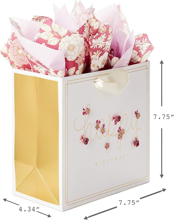 Middels Bursdagsgavepose med Silkepapir (Rosa Blomster)