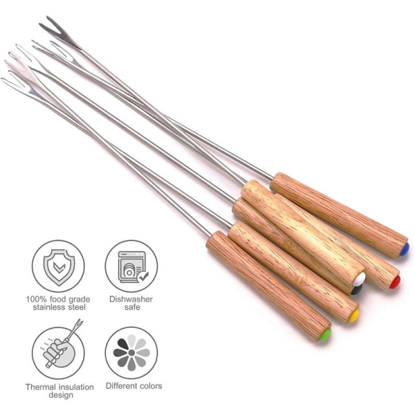Set of 6 Stainless Steel Fondue Forks with Heat Resistant Wooden Handle 24cm