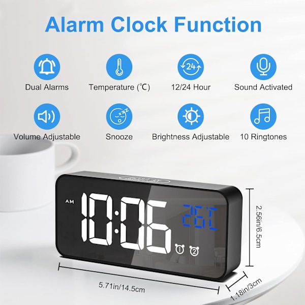 Digital Väckarklocka - USB Uppladdningsbar med Temperaturvisning, Snooze & Dubbla Alarm för Sovrum, Kontor & Resor