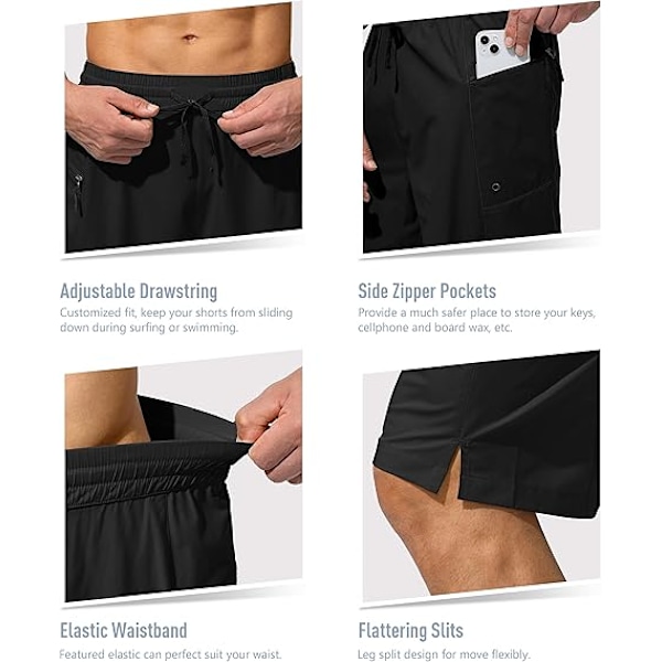 Badebukser til mænd, hurtigtørrende strandshorts med lynlåslomme, badebukser til mænd - uden mesh-foring - XL - Sort