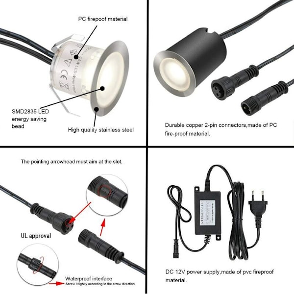 Sæt med 16 udendørs LED-spotlights, IP67 vandtæt, Ø 32mm, udendørs indbyggede spotlights til træterrasse, pool, have, trapper, Wo