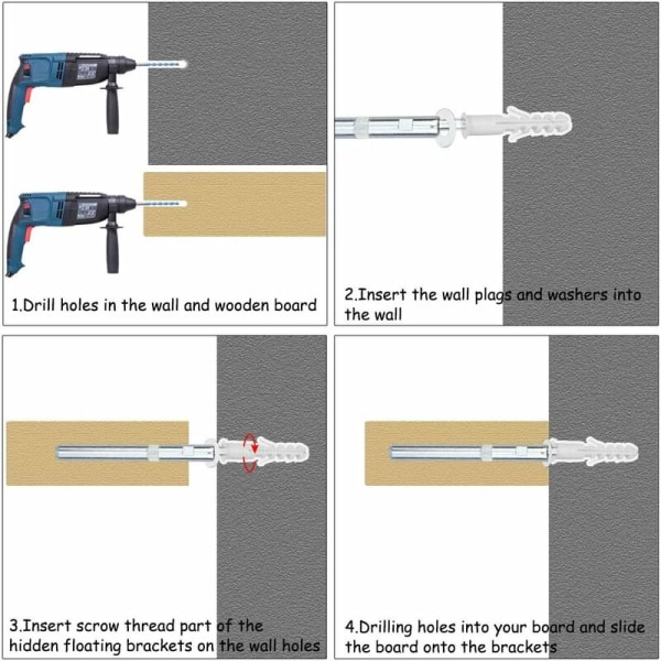 4-pak skjulte flytende hyllebraketter med skruer for kraftig veggmontert hylle (185 mm)