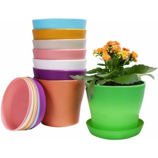 Set med 8 färgglada blomkrukor i plast med droppbrickor, fat, koppar, praktiska blomfrökoppar, plantskolekrukor, inomhus och utomhus
