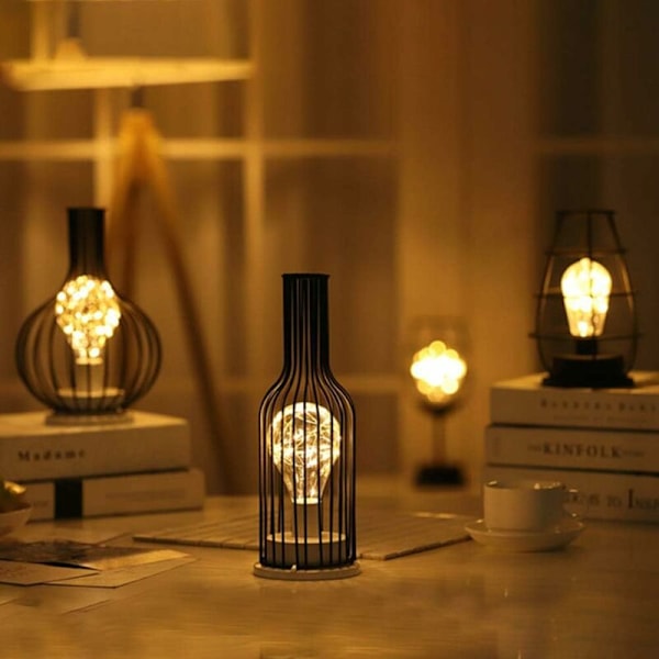 Moderne Jern Sort Metal Tråd Bordlampe - Bur Stil - Retro Sengelampe - Batteridrevet - Til Soveværelse, 2