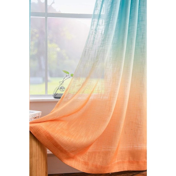 Linne-texturerade Ombre Gardiner - 134,32cm x 213,36cm Halvtransparenta Paneler (Set om 2) - Solnedgångsgradient i Orange/Grön/Blågrön/Mint
