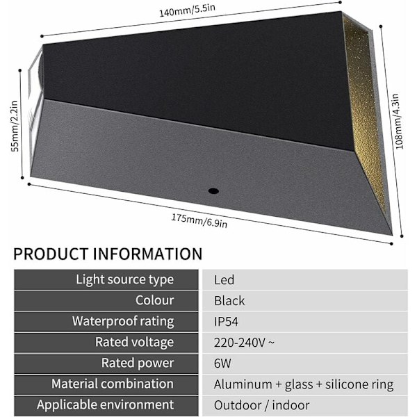 2-pakning vegglampe innendørs/utendørs, moderne vegglampe, vanntett vegglampe i aluminium IP54 for stue bad bad