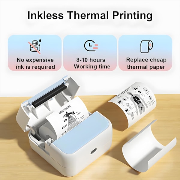 Blækfri Bluetooth Klistermærkeprinter - Mini Termisk Printer til Telefoner - Udskriver Noter, Fotos & DIY Etiketter - Inkluderer 5 Ruller Klæbepapir (Grøn)