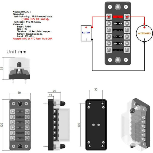12v bilsikringboks 6 vejs sikringsboks til ATO/ATC 1-20A sikring DC32 V M5 skrueforbindelse sikringsholder med sikring (6 vejs uden negativ pol)
