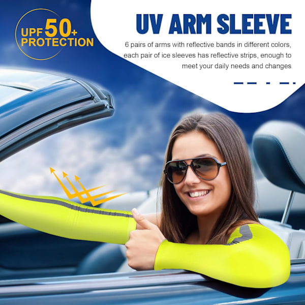 6 Par Ärmar UV-Skydd Reflexremsa Solskydd Kylärmar UPF50 Armkompressionsärmar Fluorescerande Gul